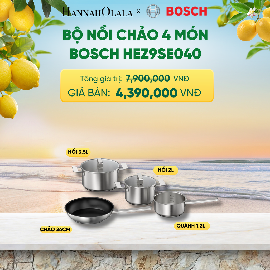  BỘ NỒI CHẢO 4 MÓN BOSCH HEZ9SE040 - QUÁNH 1.2L, NỒI 2L, NỒI 3.5L, CHẢO 24CM - A2390 