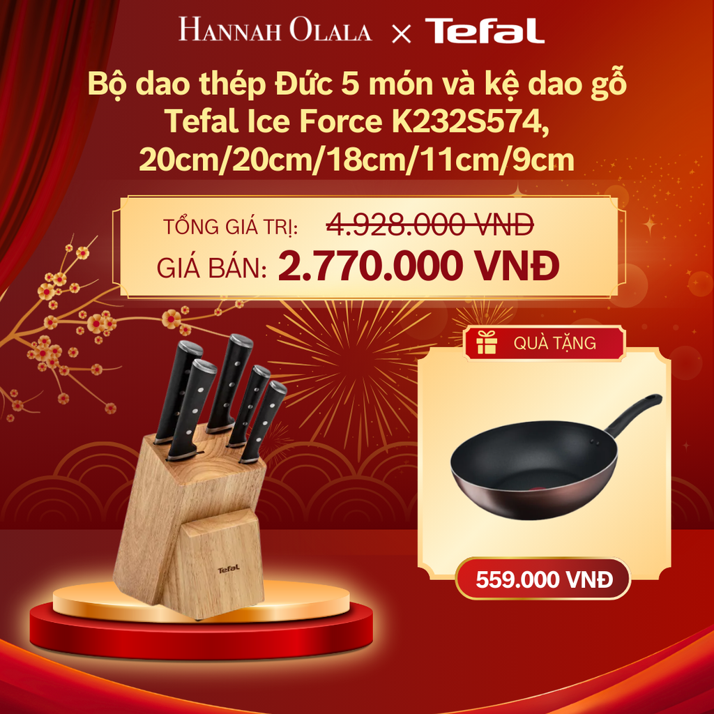  DEAL 16.2: BỘ DAO THÉP ĐỨC 5 MÓN VÀ KỆ DAO GỖ TEFAL ICE FORCE K232S574, 20CM/20CM/18CM/11CM/9CM 