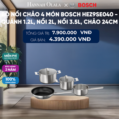  BỘ NỒI CHẢO 4 MÓN BOSCH HEZ9SE040 - QUÁNH 1.2L, NỒI 2L, NỒI 3.5L, CHẢO 24CM 