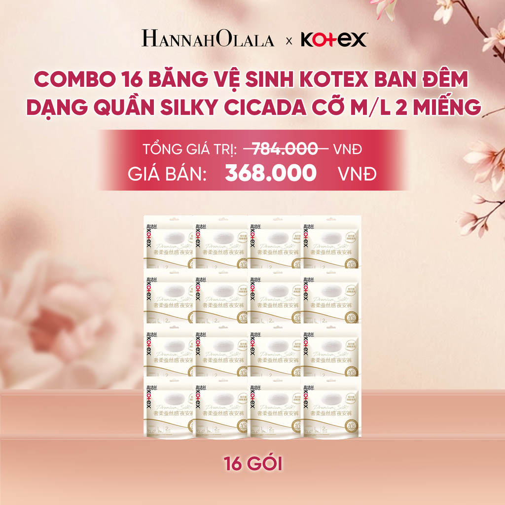  COMBO 16 BĂNG VỆ SINH KOTEX BAN ĐÊM DẠNG QUẦN SILKY CICADA CỠ M/L 2 MIẾNG - A214 