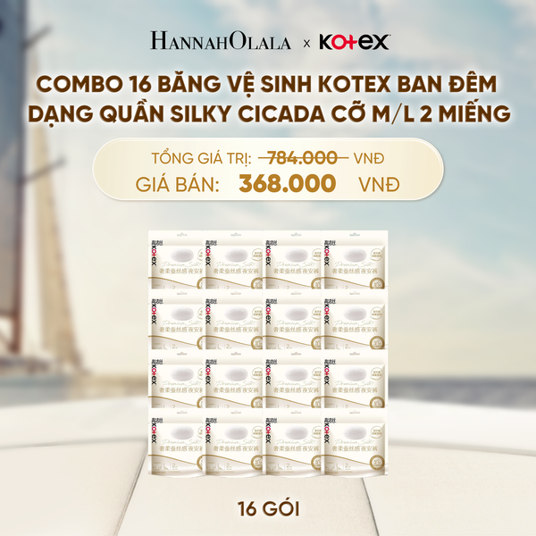  COMBO 16 BĂNG VỆ SINH KOTEX BAN ĐÊM DẠNG QUẦN SILKY CICADA CỠ M/L 2 MIẾNG - A214 