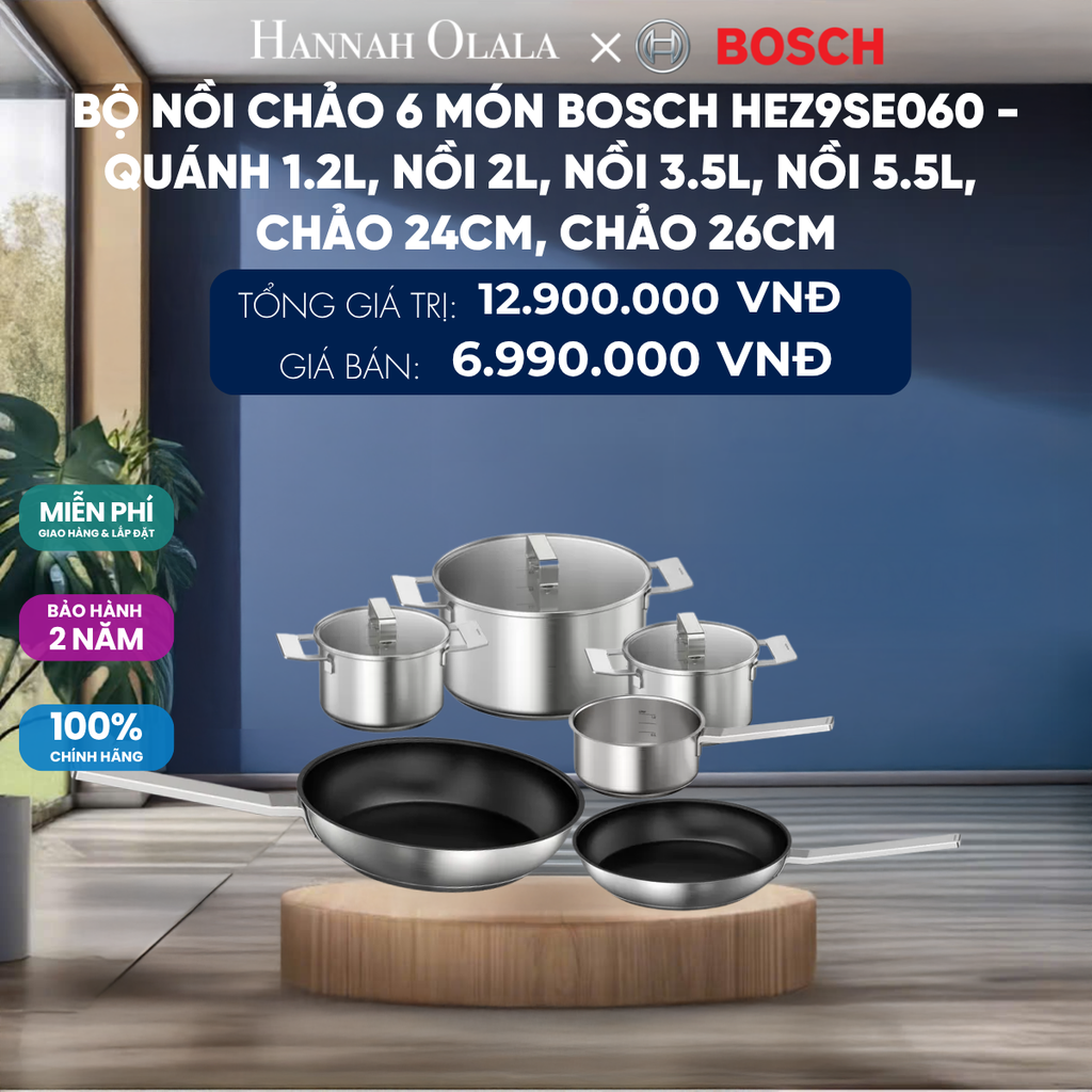  BỘ NỒI CHẢO 6 MÓN BOSCH HEZ9SE060 - QUÁNH 1.2L, NỒI 2L, NỒI 3.5L, NỒI 5.5L, CHẢO 24CM, CHẢO 26CM 
