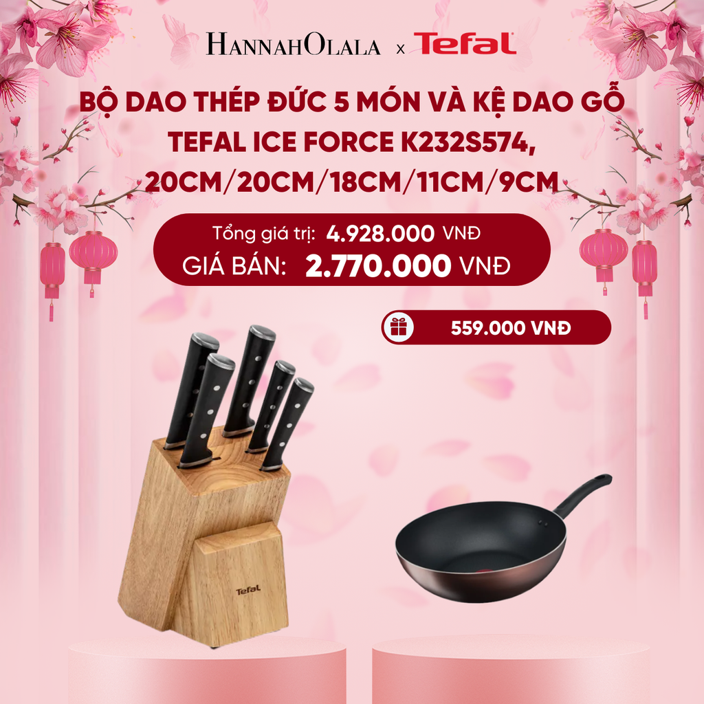  DEAL 15.2: BỘ DAO THÉP ĐỨC 5 MÓN VÀ KỆ DAO GỖ TEFAL ICE FORCE K232S574, 20CM/20CM/18CM/11CM/9CM 