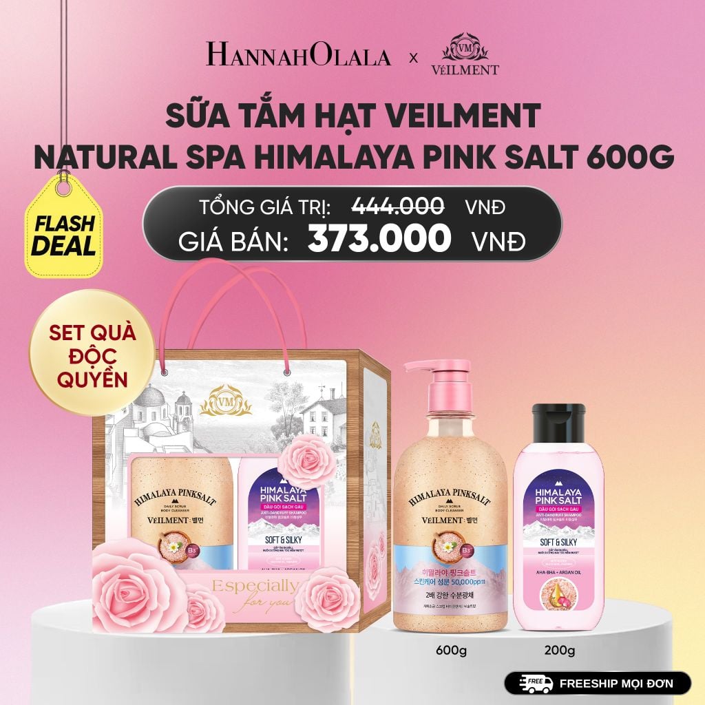  SET QUÀ ĐỘC QUYỀN- SỮA TẮM HẠT VEILMENT NATURAL SPA HIMALAYA PINK SALT 600G_A268 