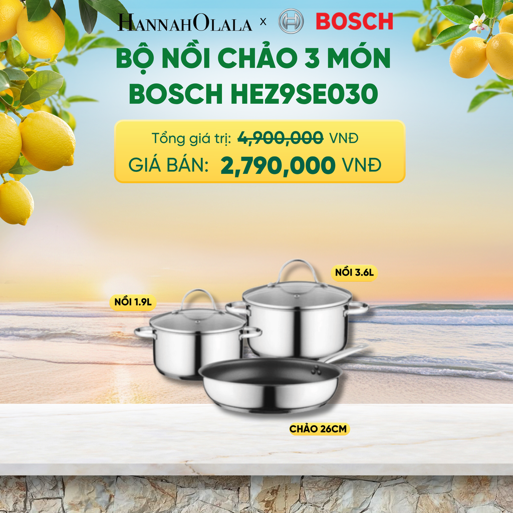  BỘ NỒI CHẢO 3 MÓN BOSCH HEZ9SE030 - NỒI 1.9L, NỒI 3.6L, CHẢO 26CM - A2392 