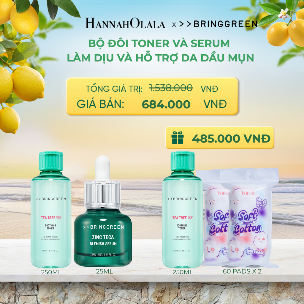  COMBO NƯỚC HOA HỒNG TRÀM TRÀ BRING GREEN TEA TREE CICA SOOTHING TONER 250ML + TINH CHẤT TRÀM TRÀ BRING GREEN ZINC TECA BLEMISH SERUM DÀNH CHO DA DẦU MỤN 25ML - A419 