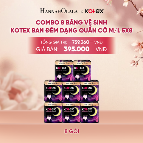 COMBO 8 BĂNG VỆ SINH KOTEX BAN ĐÊM DẠNG QUẦN CỠ M/L 5X8 - A122 