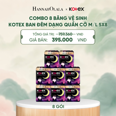  COMBO 8 BĂNG VỆ SINH KOTEX BAN ĐÊM DẠNG QUẦN CỠ M/L 5X8 