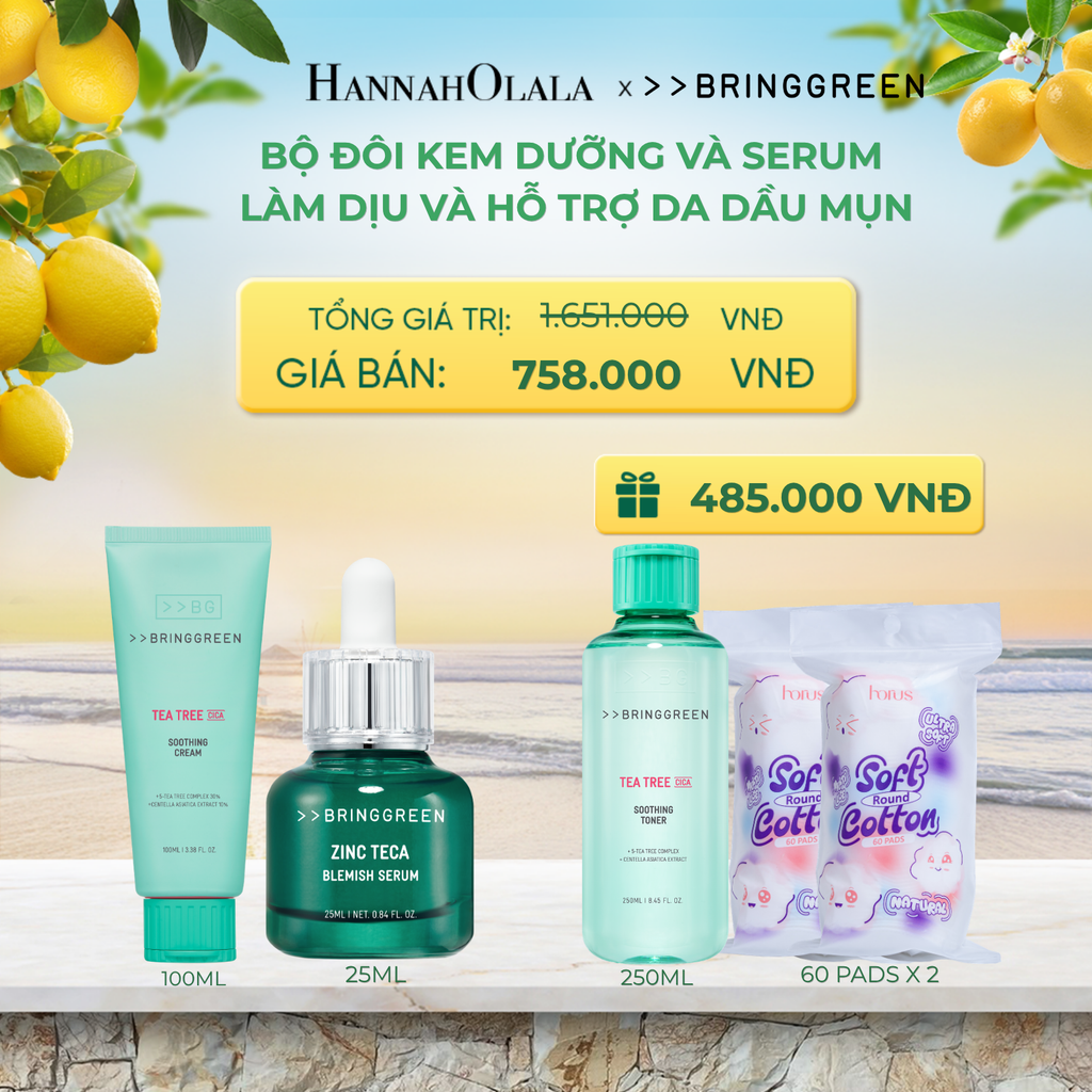  COMBO KEM DƯỠNG ẨM HỖ TRỢ LÀM DỊU DA TRÀM TRÀ BRING GREEN TEA TREE CICA SOOTHING CREAM 100ML + TINH CHẤT TRÀM TRÀ BRING GREEN ZINC TECA BLEMISH SERUM DÀNH CHO DA DẦU MỤN 25ML - A420 