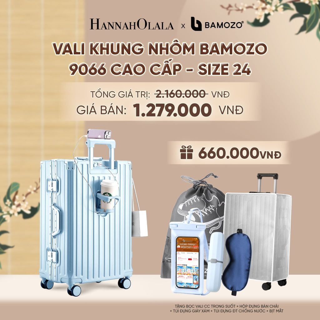  VALI BAMOZO KHUNG NHÔM 9066 BẢN CAO CẤP (TẶNG BỌC VALI CC TRONG SUỐT + HỘP ĐỰNG BÀN CHẢI + TÚI ĐỰNG GIÀY XÁM + TÚI ĐỰNG ĐT CHỐNG NƯỚC + BỊT MẮT) - A2508 