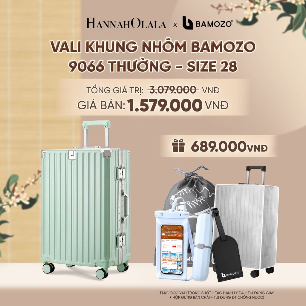  VALI BAMOZO KHUNG NHÔM 9066 BẢN THƯỜNG (TẶNG BỌC VALI TRONG SUỐT + TAG HÀNH LÝ DA + TÚI ĐỰNG GIÀY + HỘP ĐỰNG BÀN CHẢI + TÚI ĐỰNG ĐT CHỐNG NƯỚC) - A2530 