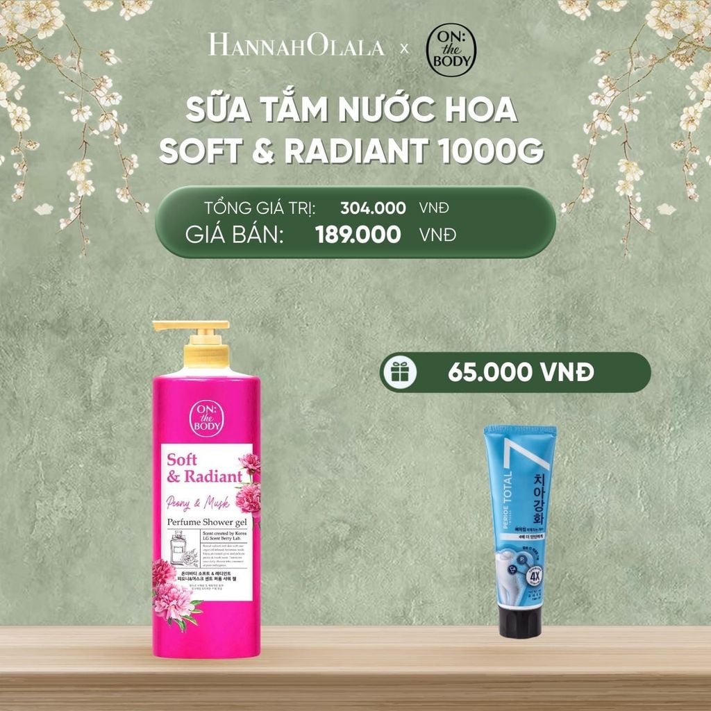  DEAL 1: SỮA TẮM HƯƠNG NƯỚC HOA ON THE BODY SOFT & RADIANT LÀM SẠCH DA DỊU NHẸ, HỖ TRỢ CẤP ẨM 1000ML TẶNG 1 KEM ĐÁNH RĂNG PERIOD 