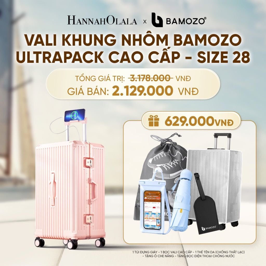  VALI BAMOZO KHUNG NHÔM ULTRAPACK CAO CẤP (TẶNG TÚI ĐỰNG GIÀY + BỌC VALI CC TRONG SUỐT + THẺ TAG DA CHỐNG THẤT LẠC + Ô CHE NẮNG + TÚI ĐỰNG ĐT CHỐNG NƯỚC) - A1624 