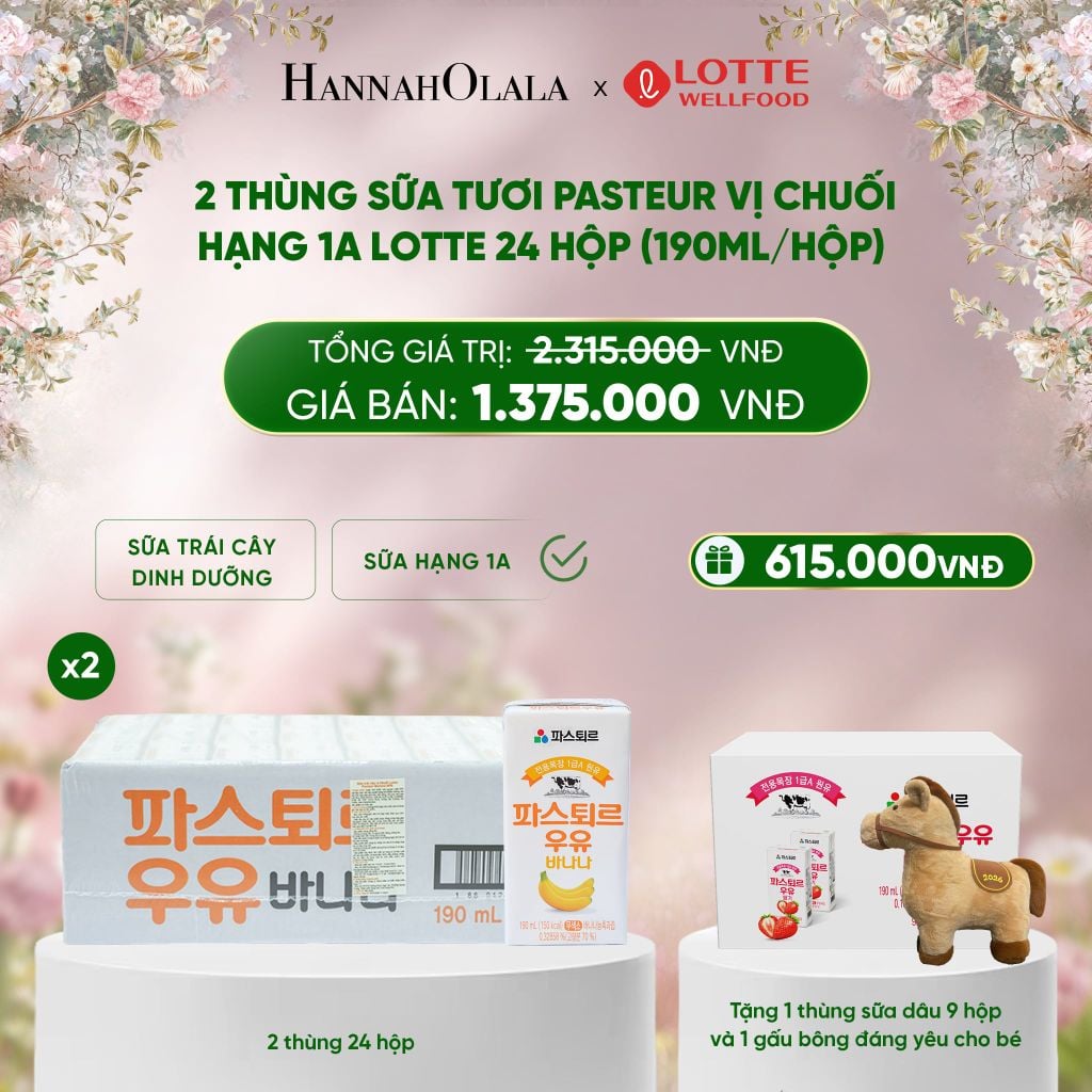  E845_DEAL 3: 2 THÙNG SỮA TƯƠI PASTEUR VỊ CHUỐI HẠNG 1A LOTTE 24 HỘP (190ML/HỘP) TẶNG 1 THÙNG SỮA TƯƠI PASTEUR VỊ DÂU HẠNG 1A LOTTE 9 HỘP VÀ GẤU BÔNG ĐÁNG YÊU CHO BÉ 