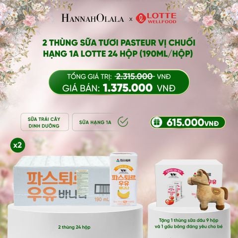  E845_DEAL 3: 2 THÙNG SỮA TƯƠI PASTEUR VỊ CHUỐI HẠNG 1A LOTTE 24 HỘP (190ML/HỘP) TẶNG 1 THÙNG SỮA TƯƠI PASTEUR VỊ DÂU HẠNG 1A LOTTE 9 HỘP VÀ GẤU BÔNG ĐÁNG YÊU CHO BÉ 