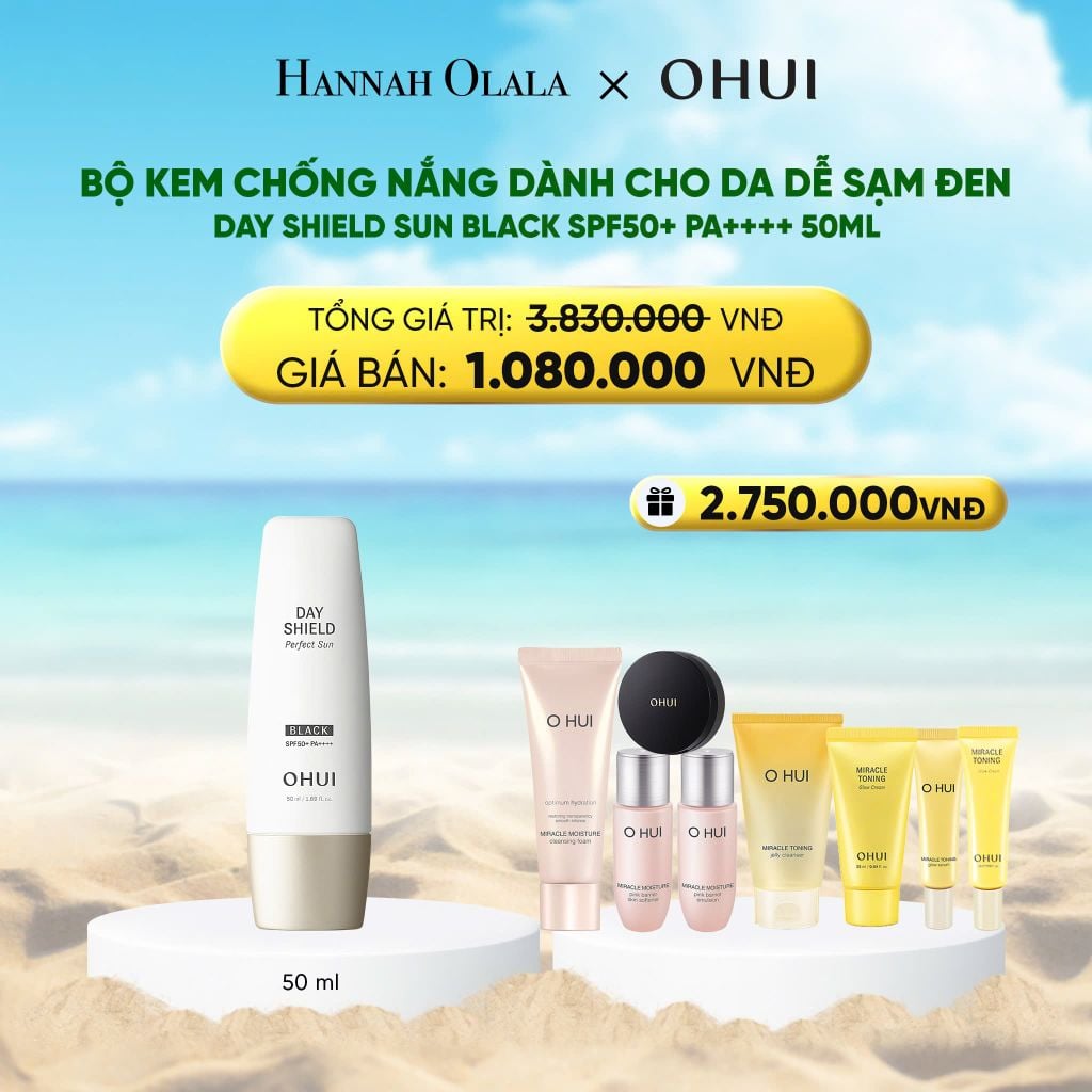  DEAL 42: BỘ KEM CHỐNG NẮNG DÀNH CHO DA DỄ SẠM ĐEN OHUI DAY SHIELD SUN BLACK SPF50+ PA++++ 50ML 
