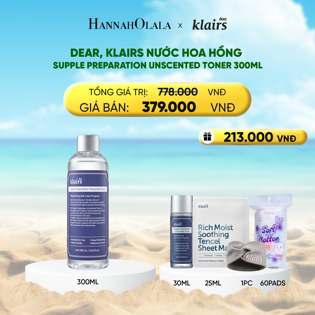  DEAR, KLAIRS NƯỚC HOA HỒNG SUPPLE PREPARATION UNSCENTED TONER 300ML 