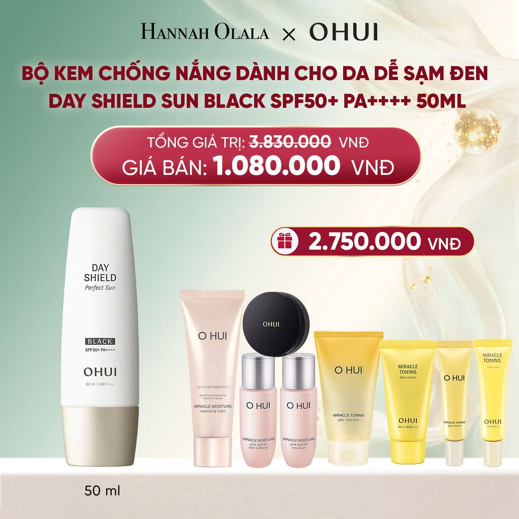 DEAL 45: BỘ KEM CHỐNG NẮNG DÀNH CHO DA DỄ SẠM ĐEN OHUI DAY SHIELD SUN BLACK SPF50+ PA++++ 50ML 
