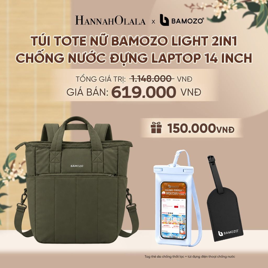  TÚI TOTE NỮ BAMOZO LIGHT 2IN1 CHỐNG NƯỚC ĐỰNG LAPTOP 14 INCH, TÚI XÁCH ĐI LÀM KIÊM BALO THỜI TRANG (TAG THẺ DA CHỐNG THẤT LẠC + TÚI ĐỰNG ĐIỆN THOẠI CHỐNG NƯỚC) - A2490 
