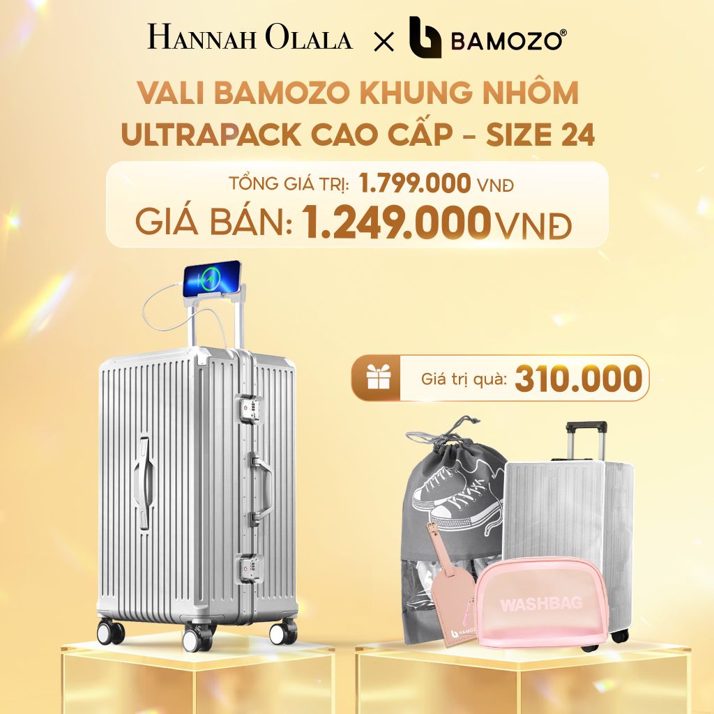  C290_DEAL 5: VALI BAMOZO KHUNG NHÔM ULTRAPACK CAO CẤP (TẶNG BỌC VALI CC TRONG SUỐT + TÚI ĐỰNG GIÀY + THẺ TÊN DA + TÚI MỸ PHẨM VỎ SÒ) 