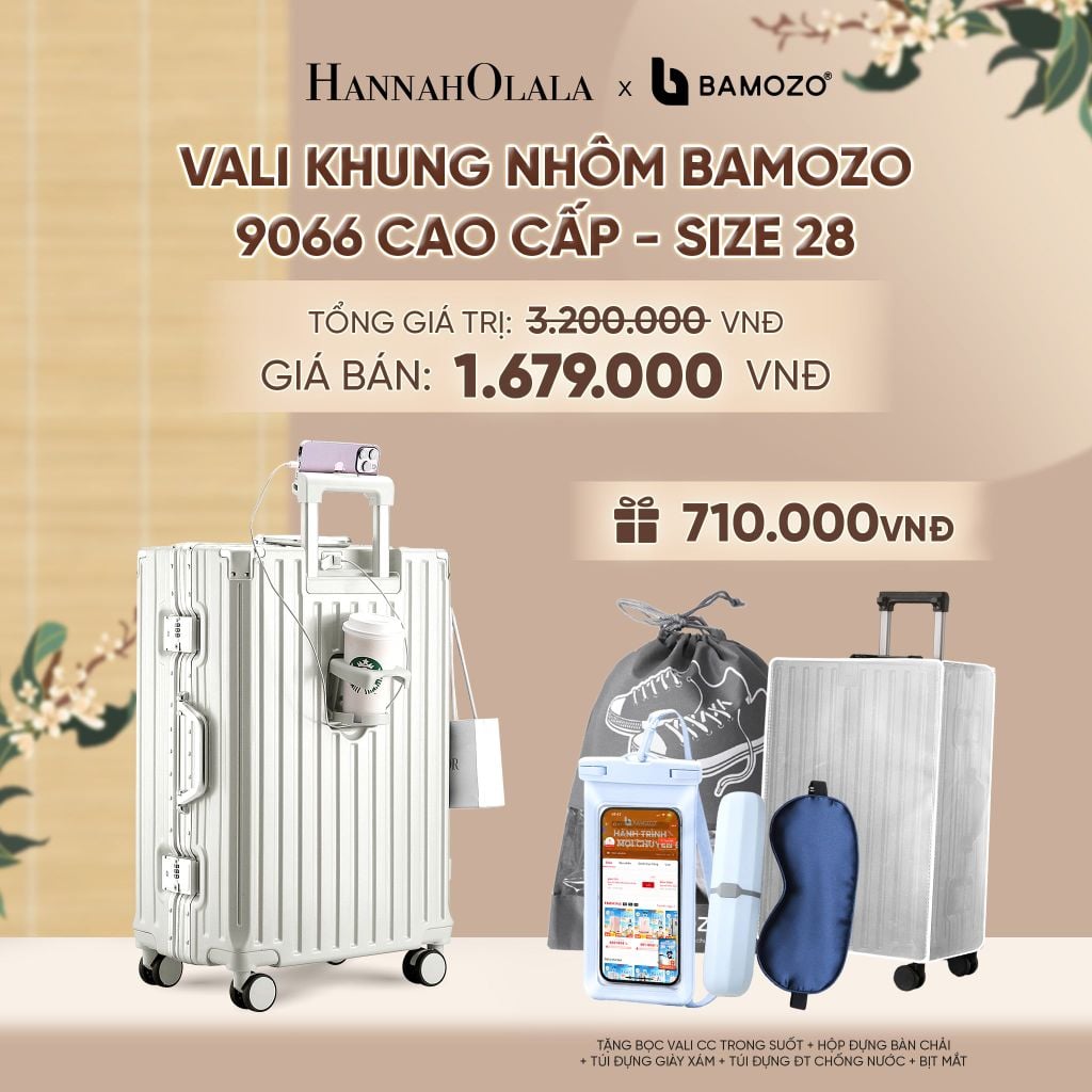  VALI BAMOZO KHUNG NHÔM 9066 BẢN CAO CẤP (TẶNG BỌC VALI CC TRONG SUỐT + HỘP ĐỰNG BÀN CHẢI + TÚI ĐỰNG GIÀY XÁM + TÚI ĐỰNG ĐT CHỐNG NƯỚC + BỊT MẮT) - A2508 