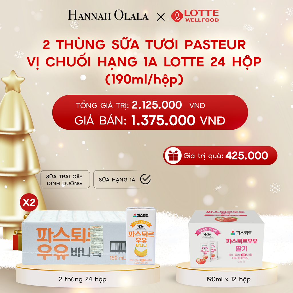  A1304_DEAL 3: 2 THÙNG SỮA TƯƠI PASTEUR VỊ CHUỐI HẠNG 1A LOTTE 24 HỘP (190ml/hộp) TẶNG 12 HỘP SỮA VỊ DÂU 