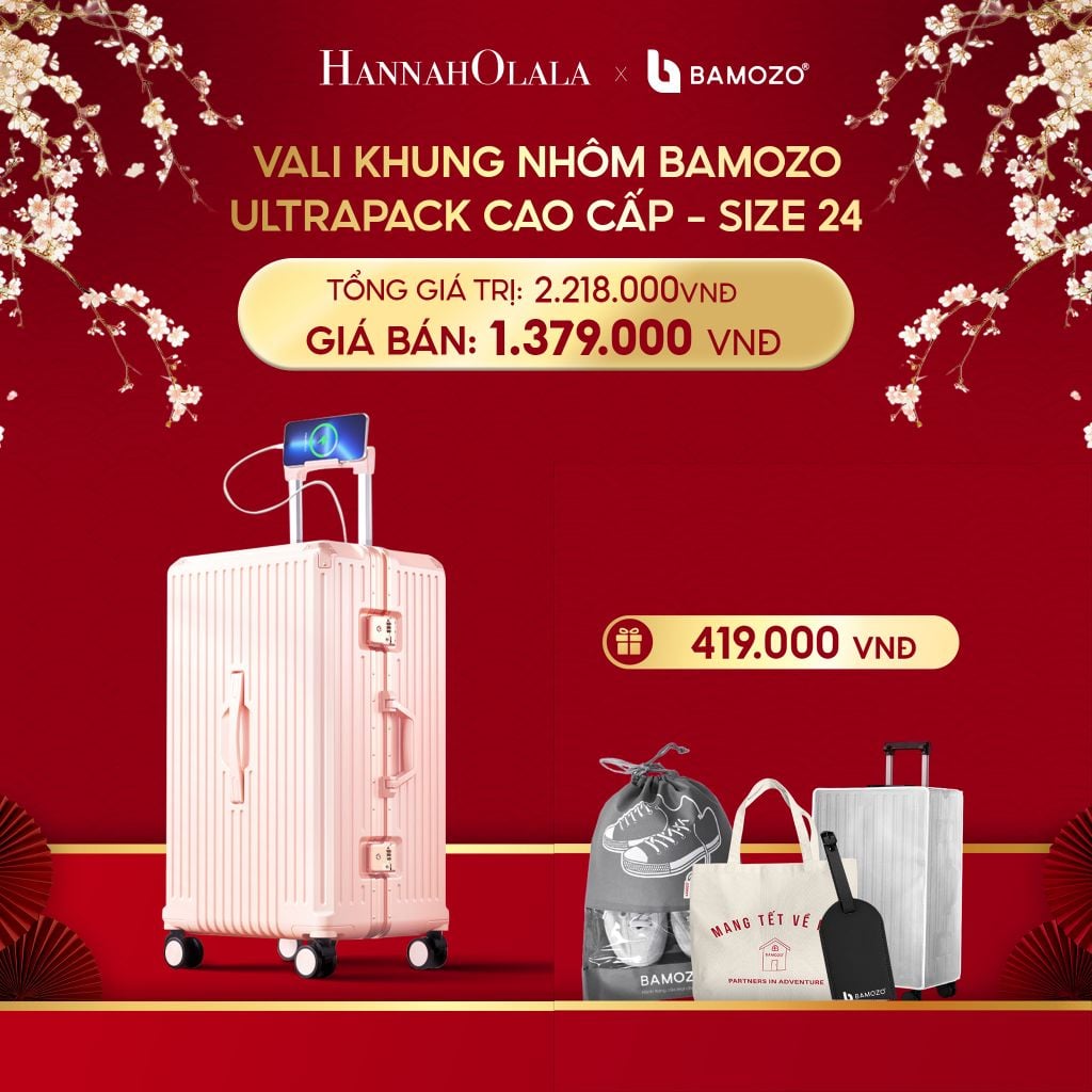  A1003_DEAL 4: VALI BAMOZO KHUNG NHÔM ULTRAPACK CAO CẤP (TẶNG BỌC VALI CC TRONG SUỐT + THẺ TAG DA CHỐNG THẤT LẠC+TÚI TOTE + TÚI ĐỰNG GIÀY 