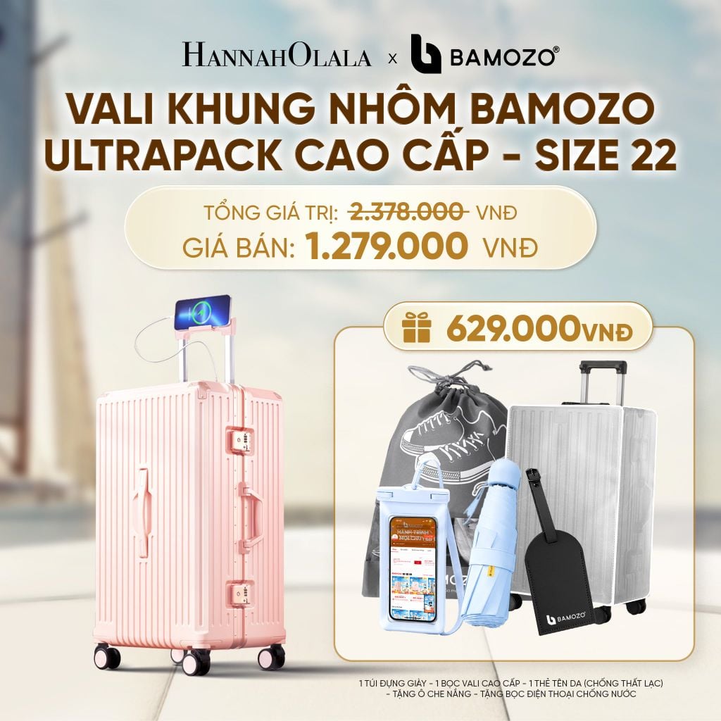  VALI BAMOZO KHUNG NHÔM ULTRAPACK CAO CẤP (TẶNG TÚI ĐỰNG GIÀY + BỌC VALI CC TRONG SUỐT + THẺ TAG DA CHỐNG THẤT LẠC + Ô CHE NẮNG + TÚI ĐỰNG ĐT CHỐNG NƯỚC) - A1624 