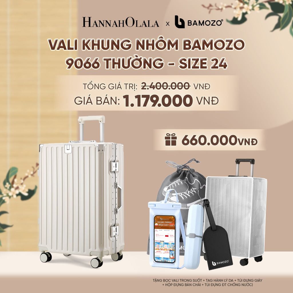  VALI BAMOZO KHUNG NHÔM 9066 BẢN THƯỜNG (TẶNG BỌC VALI TRONG SUỐT + TAG HÀNH LÝ DA + TÚI ĐỰNG GIÀY + HỘP ĐỰNG BÀN CHẢI + TÚI ĐỰNG ĐT CHỐNG NƯỚC) - A2530 