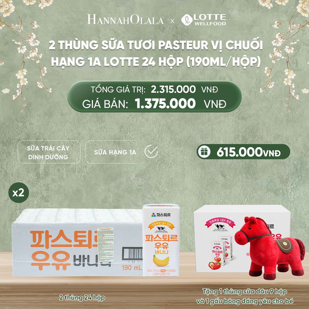  DEAL 3: 2 THÙNG SỮA TƯƠI PASTEUR VỊ CHUỐI HẠNG 1A LOTTE 24 HỘP (190ml/hộp) TẶNG 1 THÙNG SỮA TƯƠI PASTEUR VỊ DÂU HẠNG 1A LOTTE 12 HỘP, 1 STICKER VÀ 2 GẤU BÔNG ĐÁNG YÊU CHO BÉ 