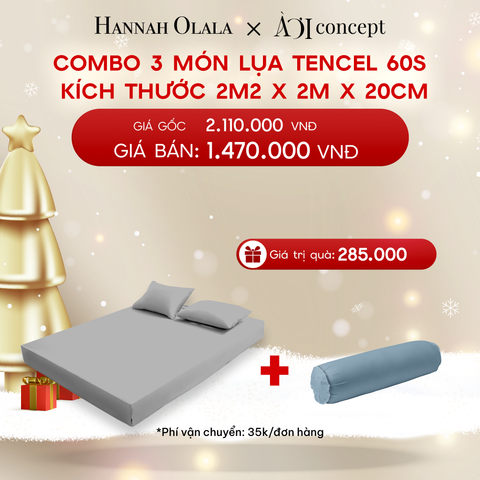  DEAL 5: COMBO 3 MÓN LỤA TENCEL 60S: GA GIƯỜNG & 2 VỎ GỐI NẰM KÍCH THƯỚC 2M2 X 2M X 20CM 