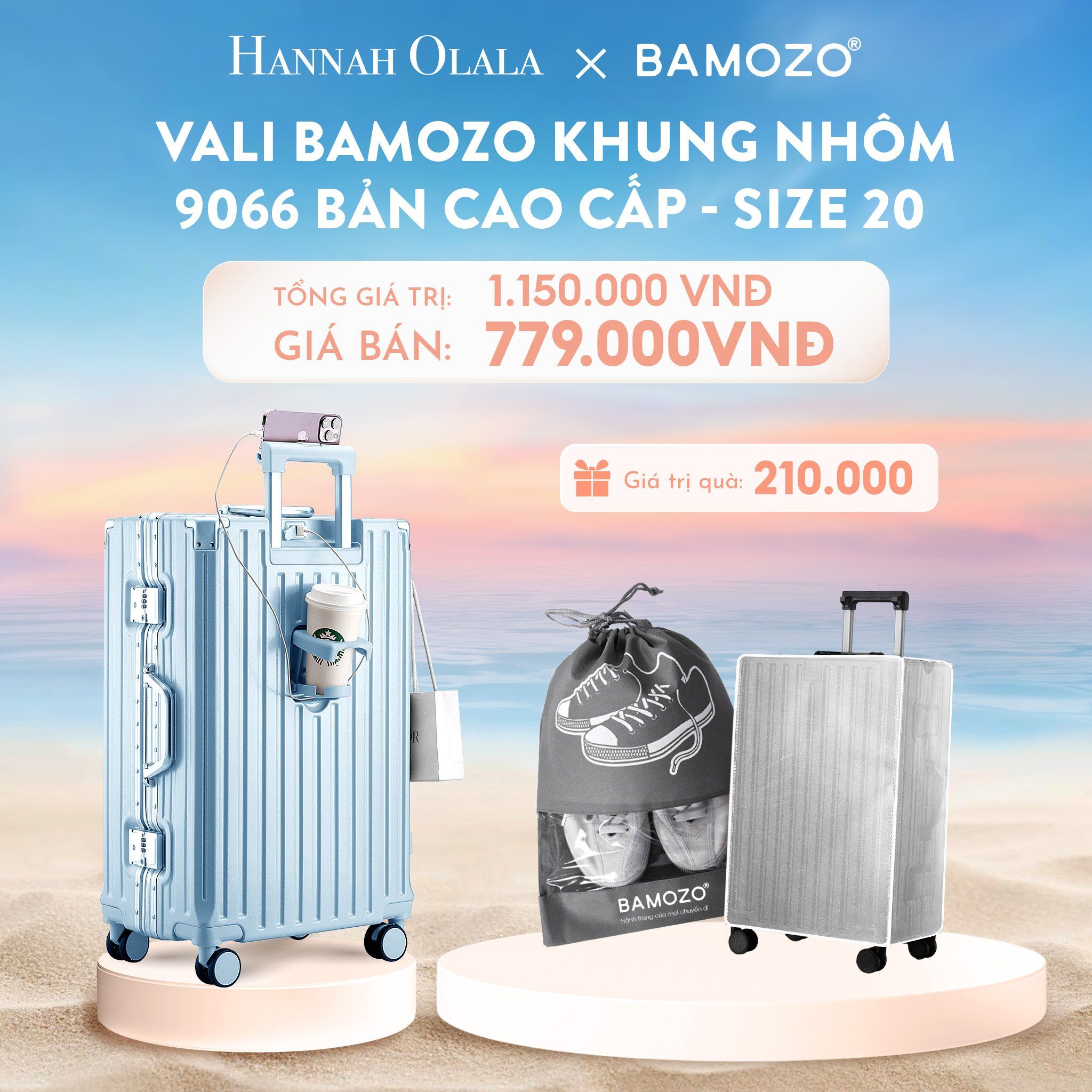  C905_DEAL 1: VALI BAMOZO KHUNG NHÔM 9066 BẢN CAO CẤP (TẶNG BỌC VALI CC TRONG SUỐT + TÚI ĐỰNG GIÀY) 
