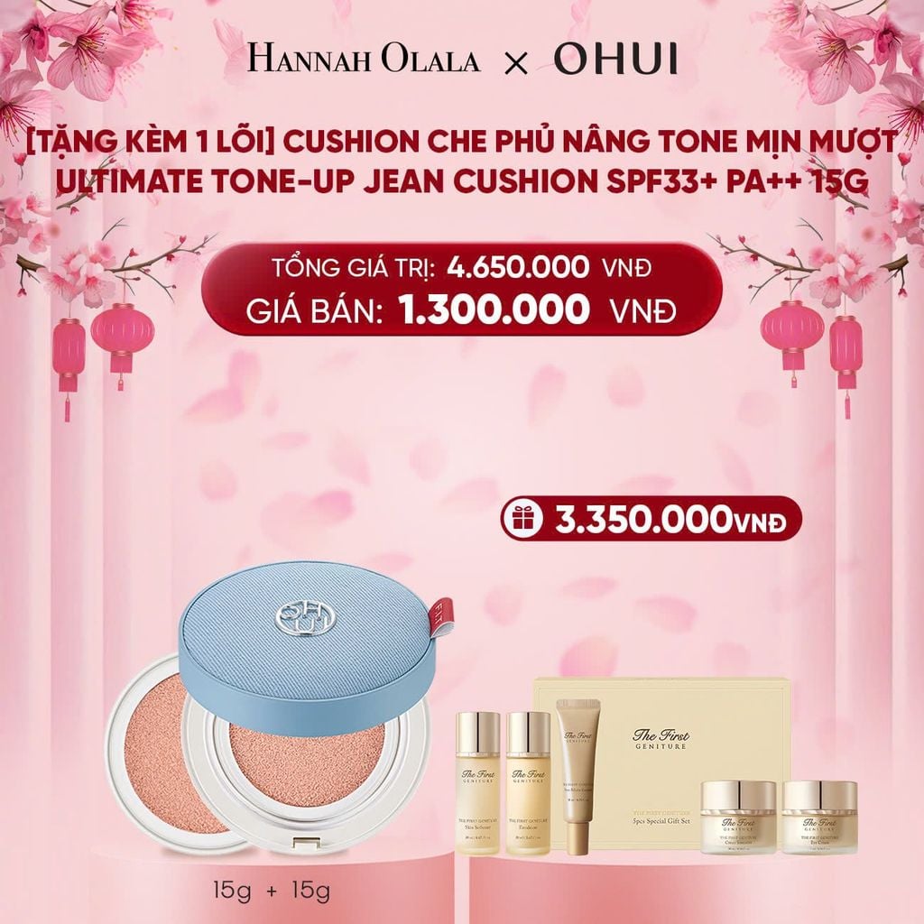  DEAL 3: [TẶNG KÈM 1 LÕI] CUSHION CHE PHỦ NÂNG TONE MỊN MƯỢT OHUI ULTIMATE TONE-UP JEAN CUSHION SPF33+ PA++ 15G 