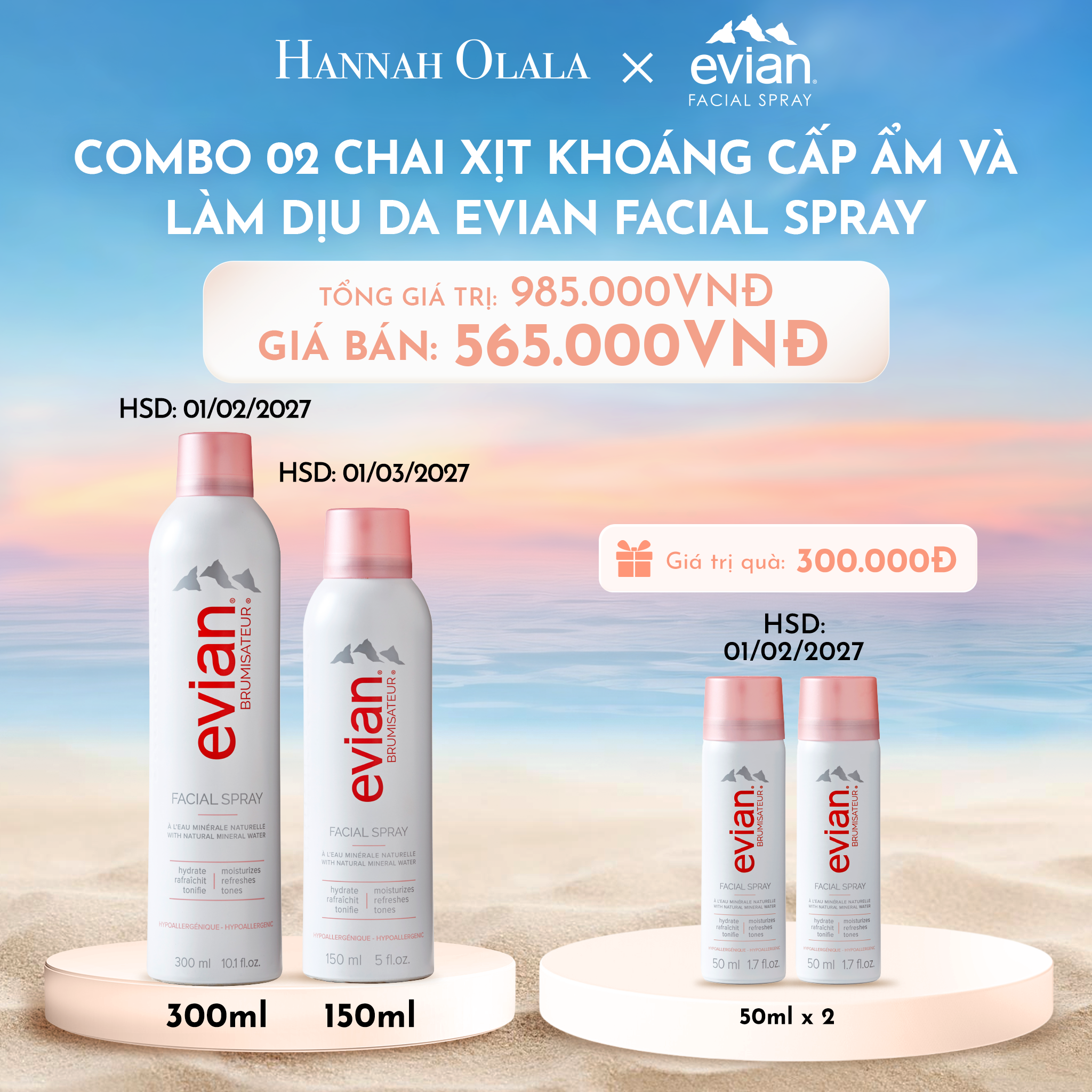  C647_DEAL 3: COMBO 2 CHAI XỊT KHOÁNG CẤP ẨM, LÀM DỊU DA EVIAN FACIAL SPRAY 150ML & 300ML (HSD 01/02/2027) 