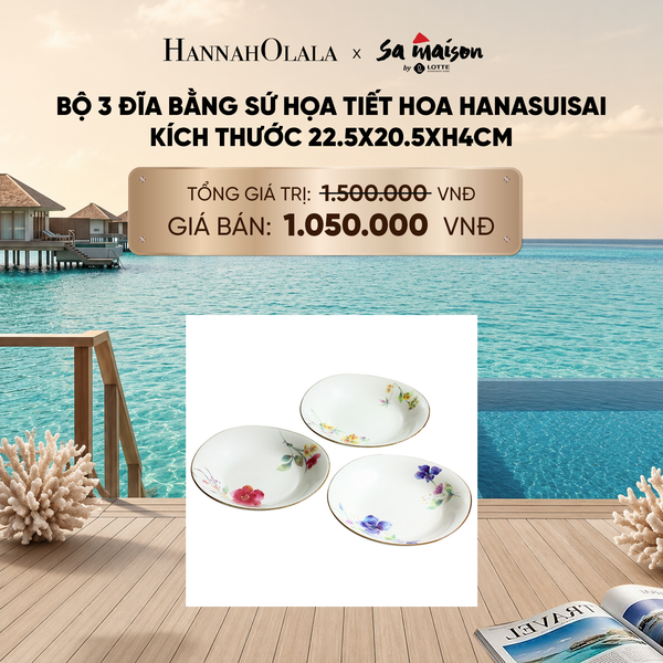  BỘ 3 ĐĨA BẰNG SỨ HỌA TIẾT HOA HANASUISAI, KÍCH THƯỚC 22.5X20.5XH4CM - DEAL 12 