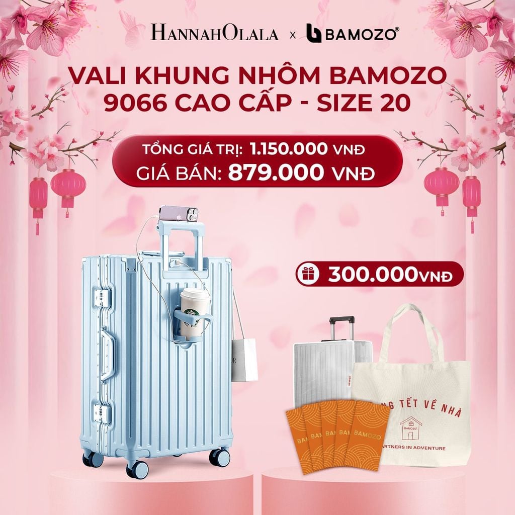  DEAL 2: VALI BAMOZO KHUNG NHÔM 9066 BẢN CAO CẤP (TẶNG BỌC VALI CC TRONG SUỐT + TỆP LÌ XÌ TẾT + TÚI TOTE) 