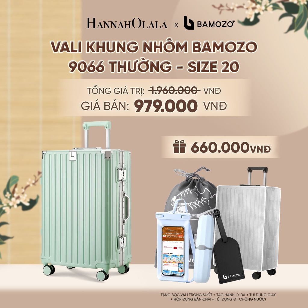  VALI BAMOZO KHUNG NHÔM 9066 BẢN THƯỜNG (TẶNG BỌC VALI TRONG SUỐT + TAG HÀNH LÝ DA + TÚI ĐỰNG GIÀY + HỘP ĐỰNG BÀN CHẢI + TÚI ĐỰNG ĐT CHỐNG NƯỚC) - A2530 