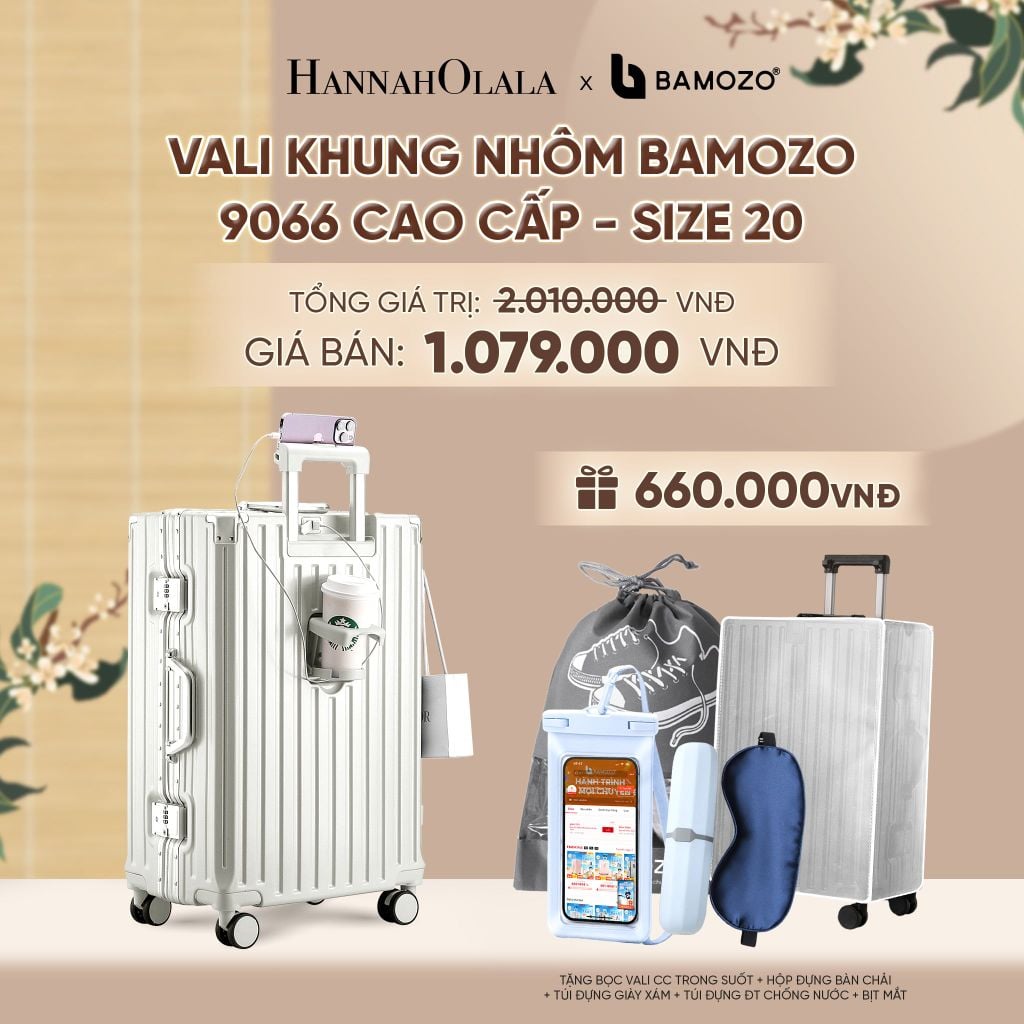  VALI BAMOZO KHUNG NHÔM 9066 BẢN CAO CẤP (TẶNG BỌC VALI CC TRONG SUỐT + HỘP ĐỰNG BÀN CHẢI + TÚI ĐỰNG GIÀY XÁM + TÚI ĐỰNG ĐT CHỐNG NƯỚC + BỊT MẮT) - A2508 