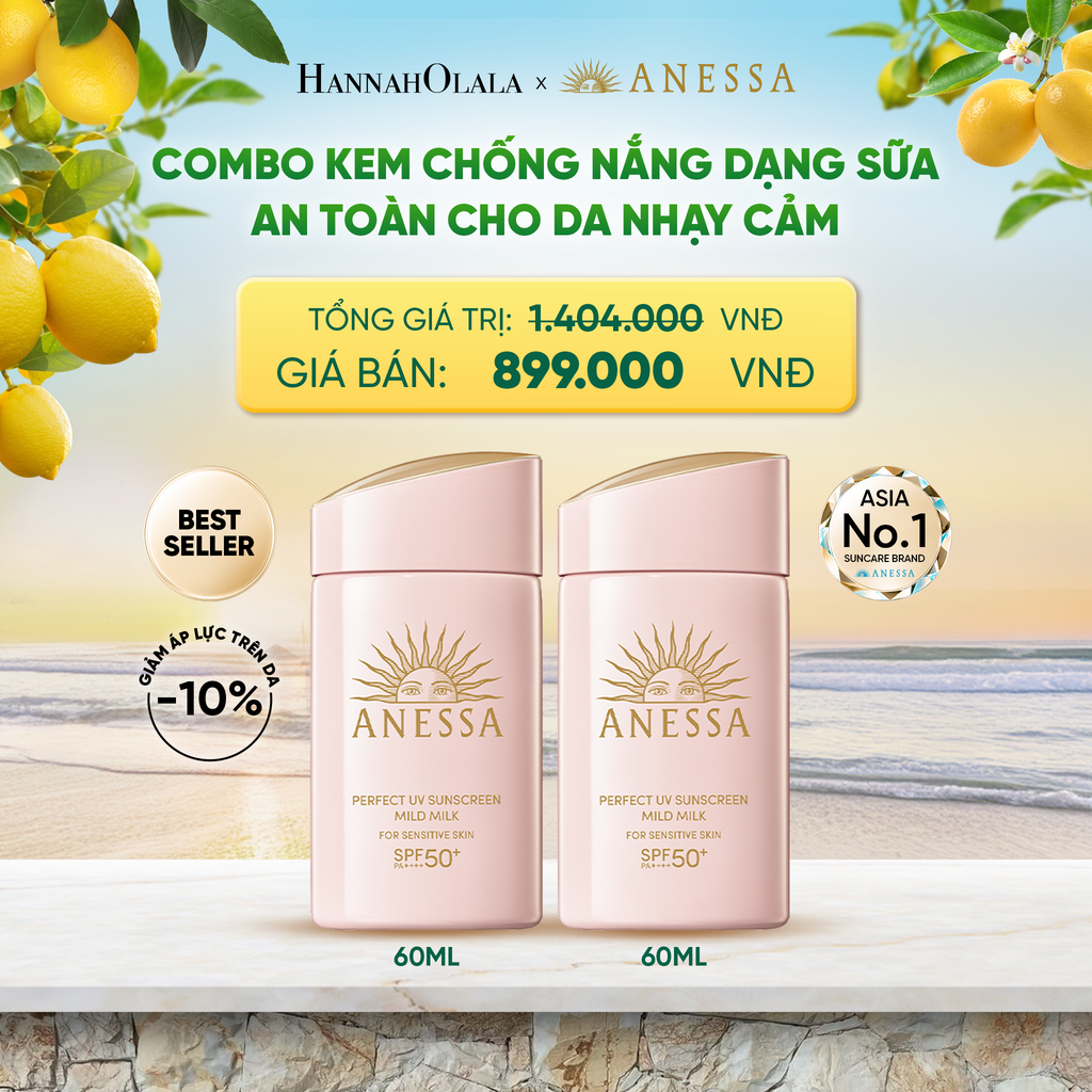  COMBO SỮA CHỐNG NẮNG DƯỠNG DA DỊU NHẸ AN TOÀN CHO DA NHẠY CẢM VÀ TRẺ EM ANESSA MILD MILK SPF50+ PA++++ 60MLX2 - DEAL 3 
