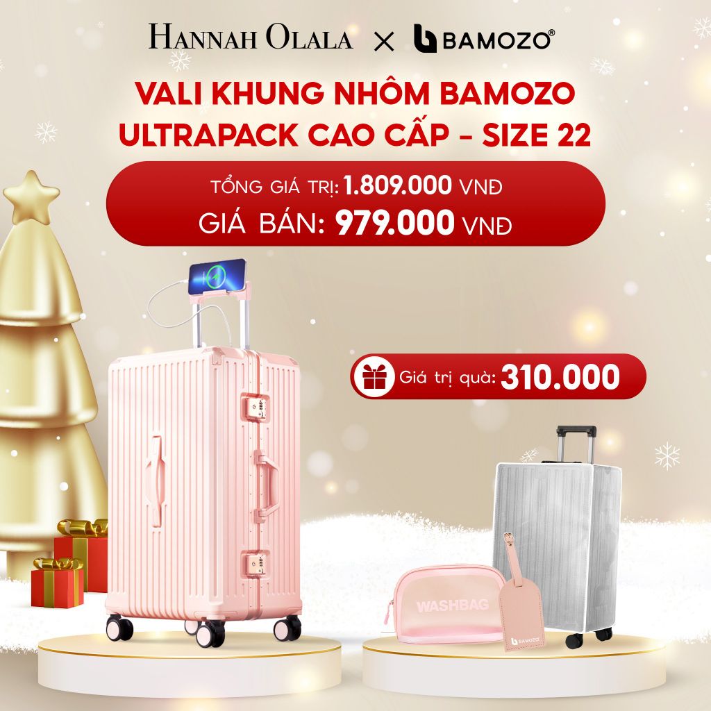  DEAL 4: VALI BAMOZO KHUNG NHÔM ULTRAPACK CAO CẤP (TẶNG BỌC VALI CC TRONG SUỐT + THẺ TÊN DA + TÚI MỸ PHẨM VỎ SÒ) 