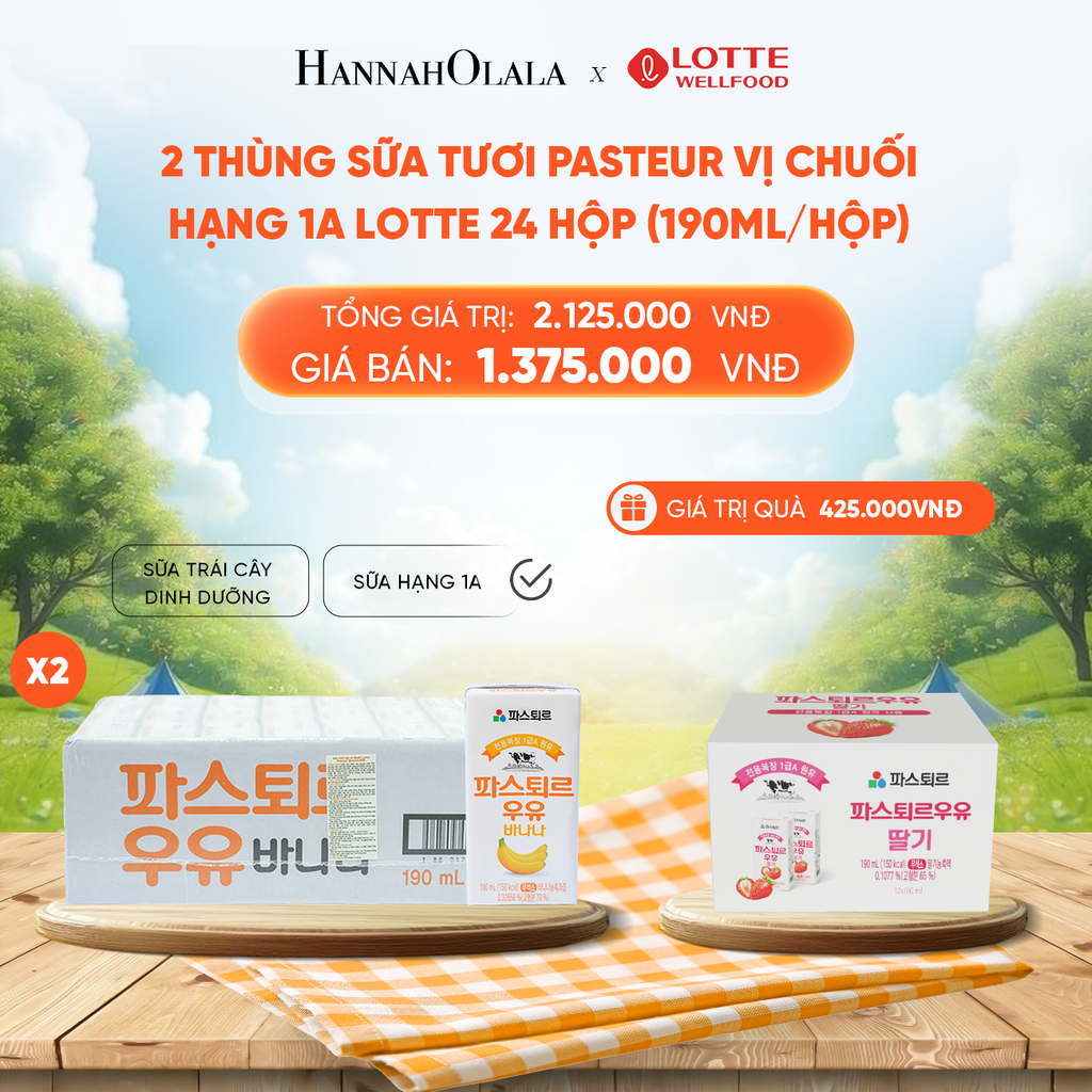  DEAL 3: 2 THÙNG SỮA TƯƠI PASTEUR VỊ CHUỐI HẠNG 1A LOTTE 24 HỘP (190ml/hộp) TẶNG 12 HỘP SỮA VỊ DÂU 