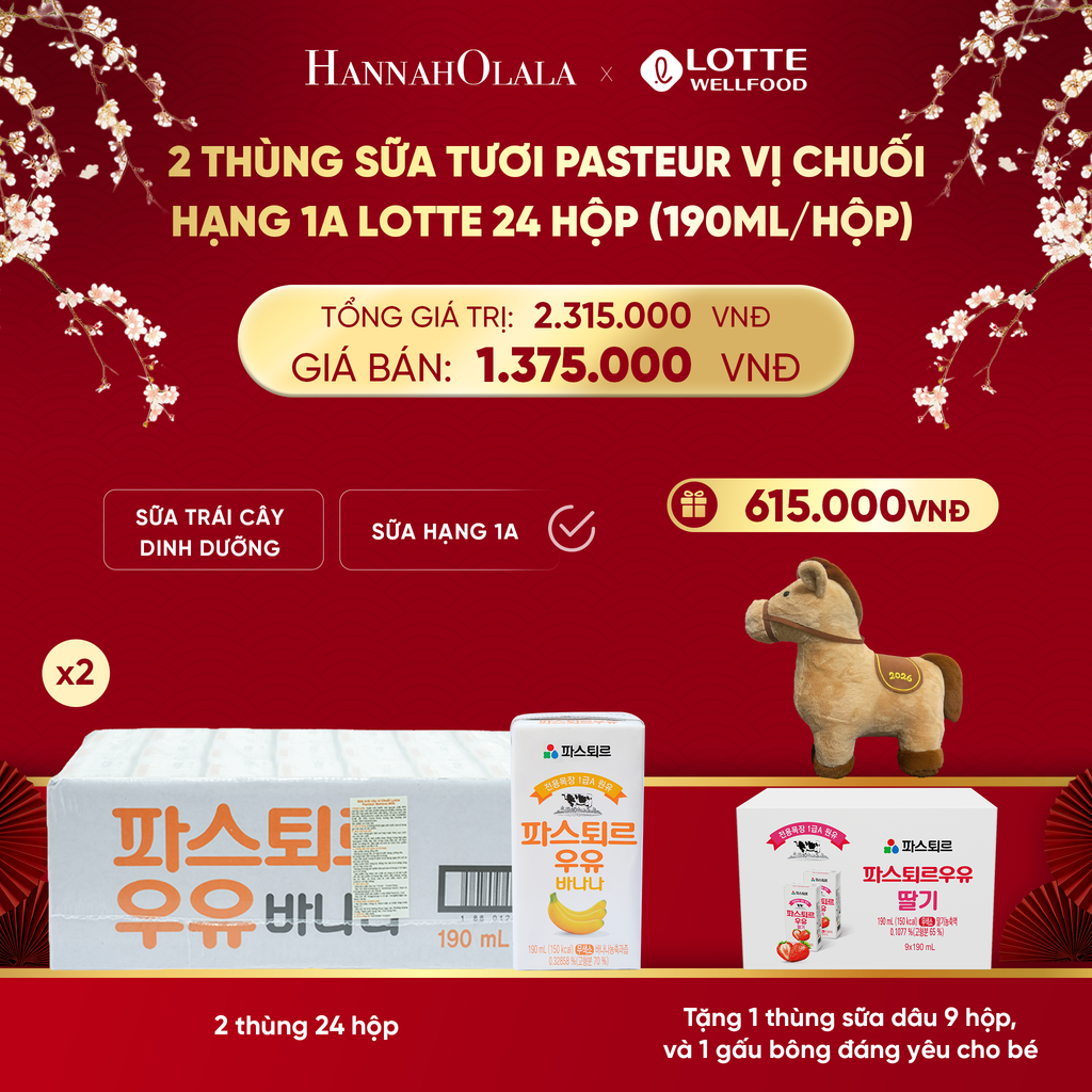  DEAL 3: 2 THÙNG SỮA TƯƠI PASTEUR VỊ CHUỐI HẠNG 1A LOTTE 24 HỘP (190ml/hộp) TẶNG 1 THÙNG SỮA TƯƠI PASTEUR VỊ DÂU HẠNG 1A LOTTE 9 HỘP VÀ GẤU BÔNG ĐÁNG YÊU CHO BÉ 
