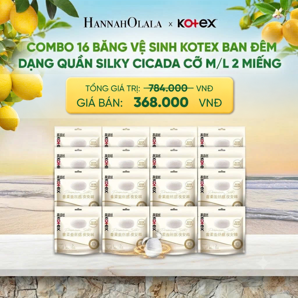  COMBO 16 BĂNG VỆ SINH KOTEX BAN ĐÊM DẠNG QUẦN SILKY CICADA CỠ M/L 2 MIẾNG - A1363 