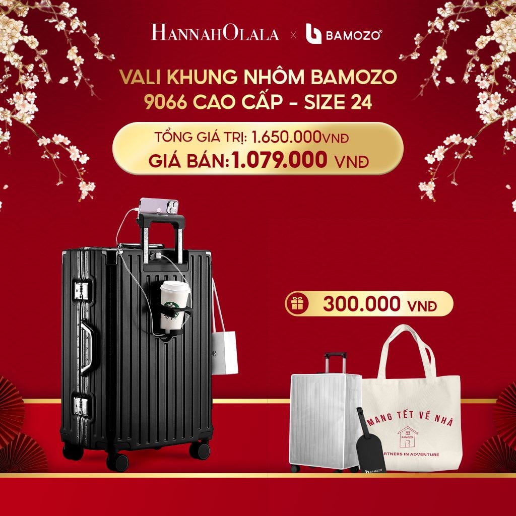  A967_DEAL 2: VALI BAMOZO KHUNG NHÔM 9066 BẢN CAO CẤP (TẶNG BỌC VALI CC TRONG SUỐT + THẺ TAG DA CHỐNG THẤT LẠC + TÚI TOTE) 