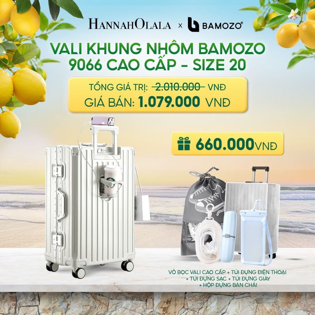  VALI BAMOZO KHUNG NHÔM 9066 BẢN CAO CẤP (TẶNG BỌC VALI CC TRONG SUỐT + HỘP ĐỰNG BÀN CHẢI + TÚI ĐỰNG GIÀY XÁM - DEAL 2 