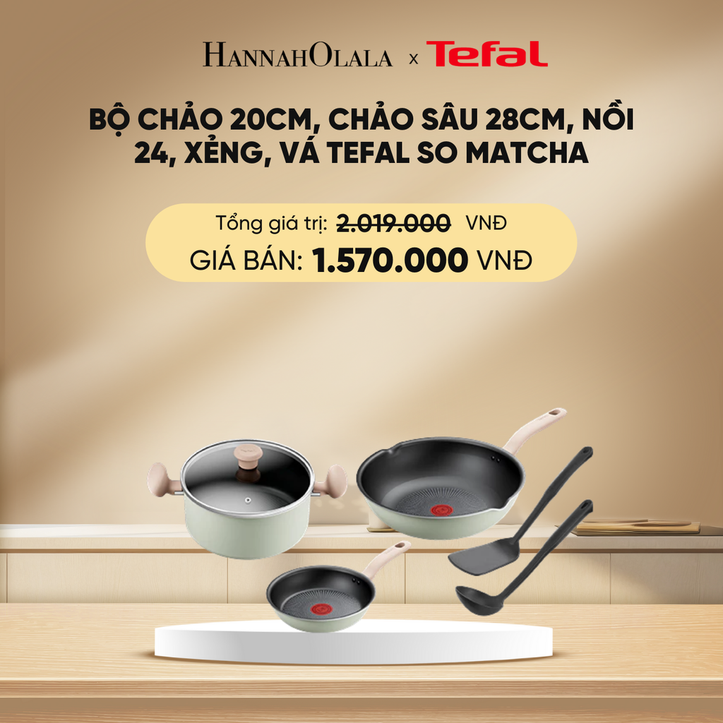 DEAL 20: BỘ CHẢO 20CM, CHẢO SÂU 28CM, NỒI 24, XẺNG, VÁ TEFAL SO MATCHA 