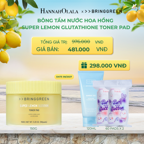  BÔNG TẨM NƯỚC HOA HỒNG HỖ TRỢ DƯỠNG SÁNG BRING GREEN SUPER LEMON GLUTATHIONE TONER PAD 150G (90 MIẾNG) - A418 