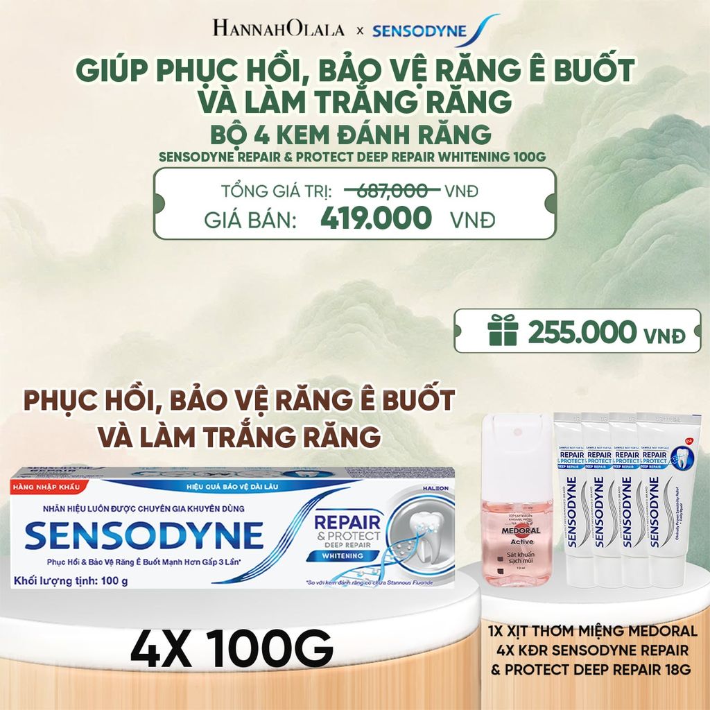  BỘ 4 KEM ĐÁNH RĂNG SENSODYNE REPAIR & PROTECT DEEP REPAIR WHITENING 100G PHỤC HỒI, BẢO VỆ RĂNG Ê BUỐT VÀ LÀM TRẮNG RĂNG - A1043 