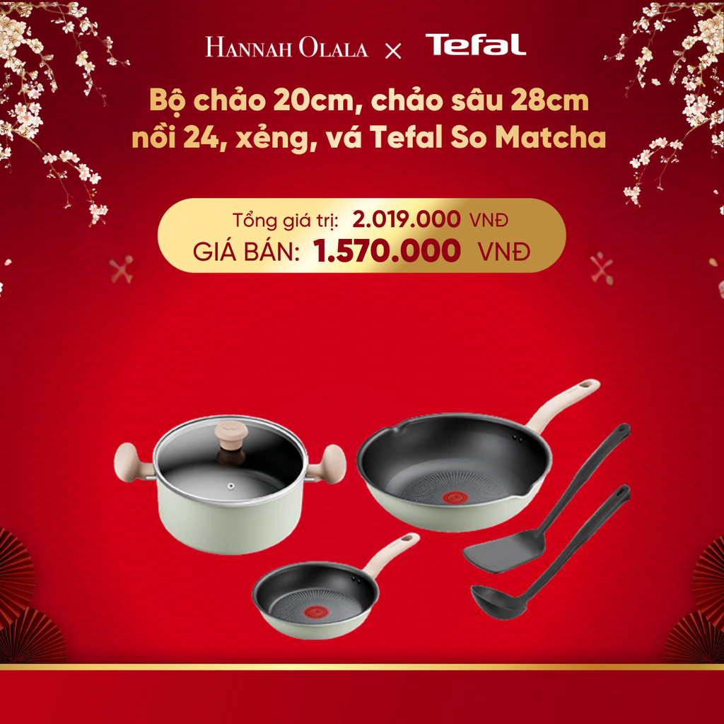  DEAL 20: BỘ CHẢO 20CM, CHẢO SÂU 28CM, NỒI 24, XẺNG, VÁ TEFAL SO MATCHA 
