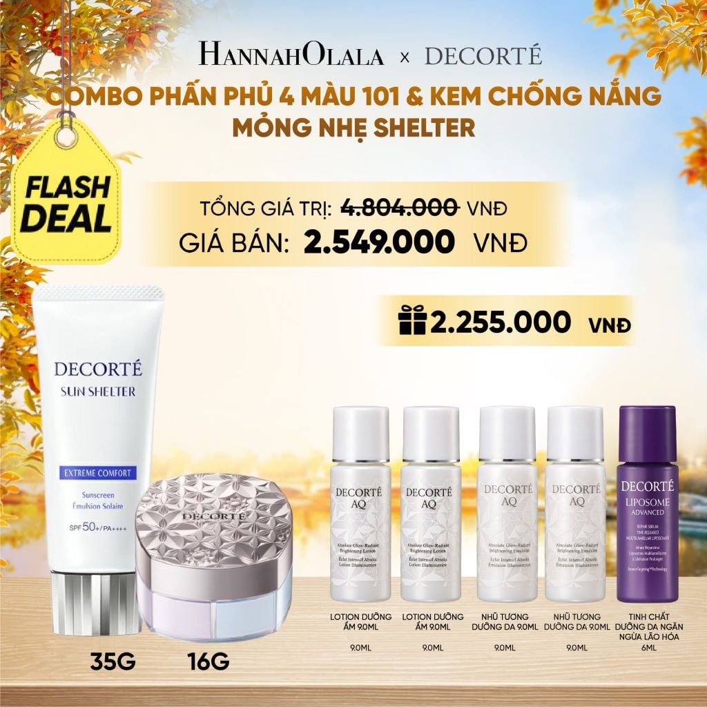  [FLASH DEAL] COMBO PHẤN PHỦ 4 MÀU 101 & KEM CHỐNG NẮNG DECORTÉ SHELTER - E1092 